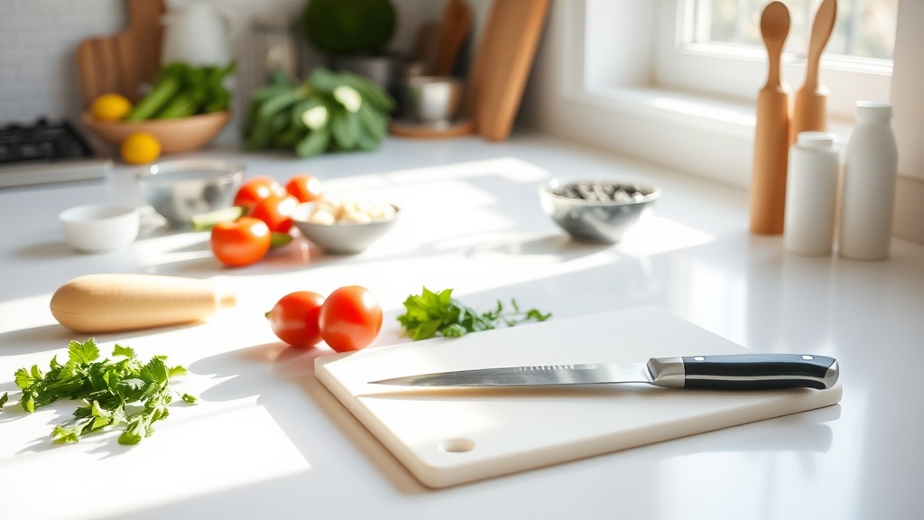 Organized kitchen countertop with fresh ingredients for meal prep