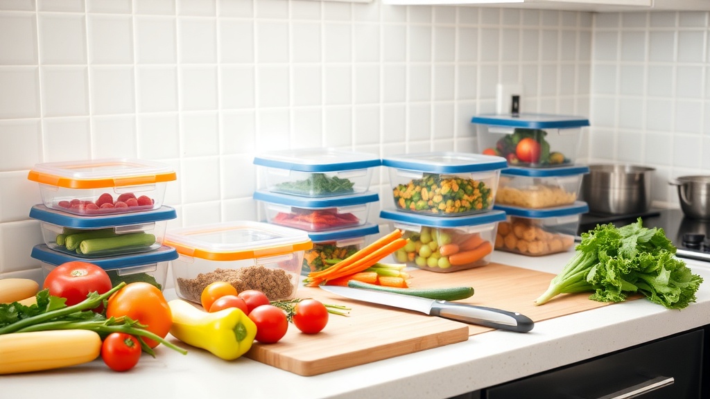 Organized kitchen countertop for meal prep with fresh ingredients