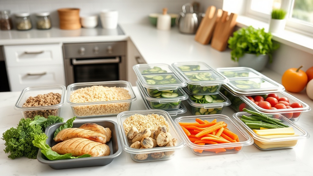 Organized kitchen countertop with high-protein meal prep ingredients