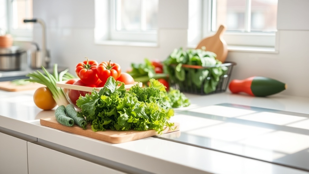 Organized kitchen countertop with fresh vegetables and a modern prep surface