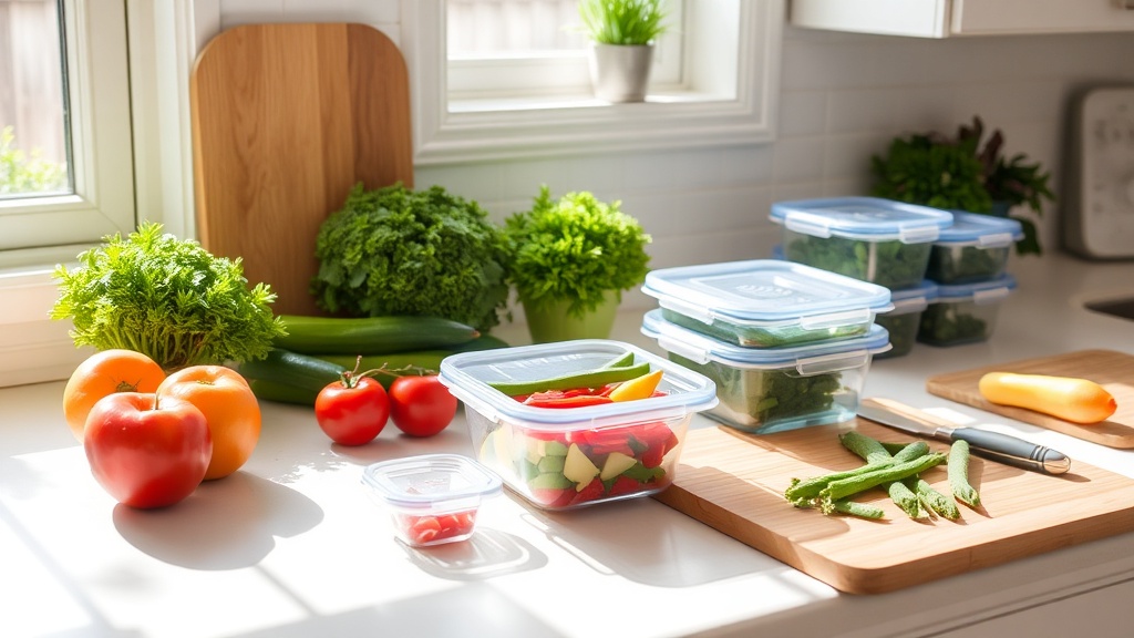 Organized kitchen countertop for meal prep with fresh ingredients