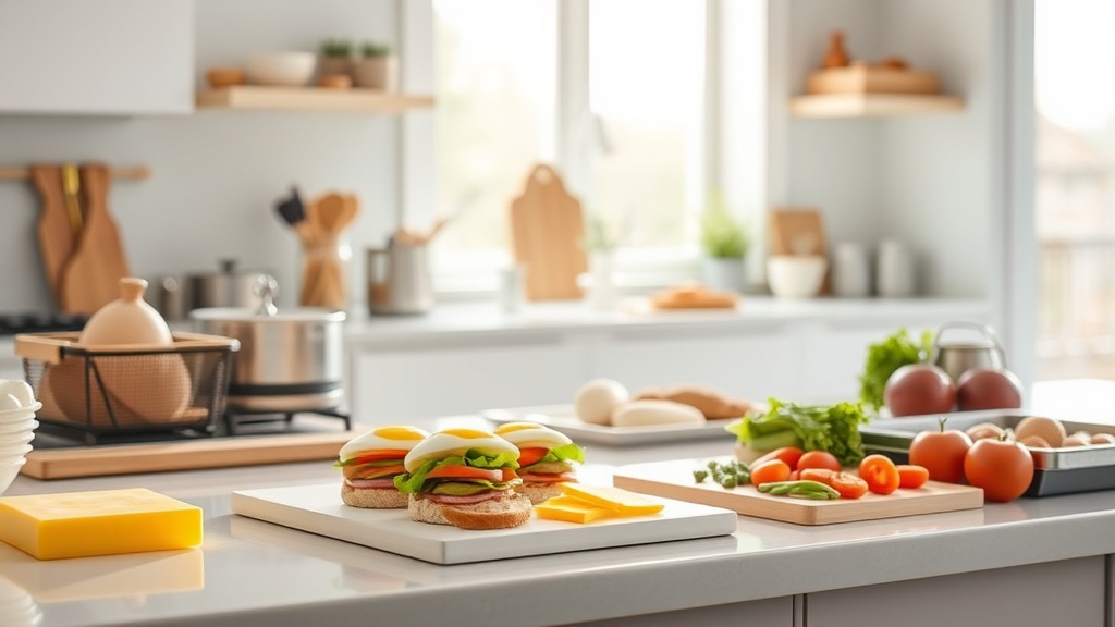 A modern kitchen prep area for breakfast sandwiches