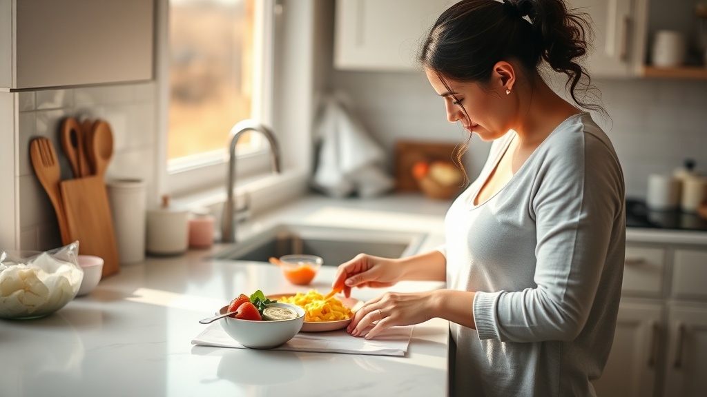 New mom preparing a meal in a cozy kitchen with baby items in the background