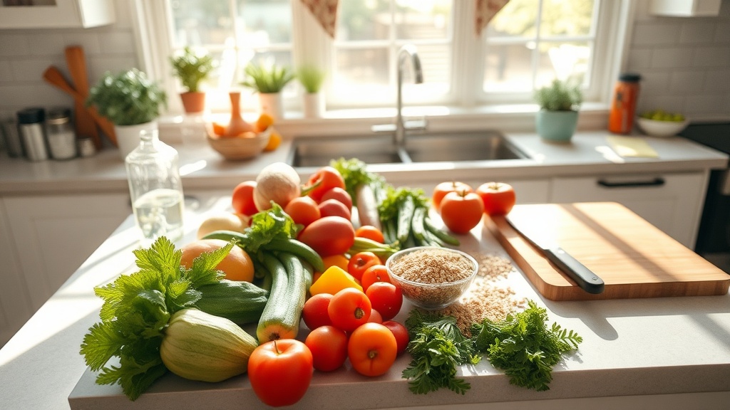 Bright kitchen with fresh ingredients for meal prep