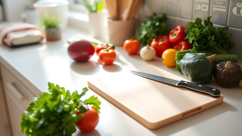 Organized kitchen countertop ready for meal prep with fresh vegetables and a cutting board