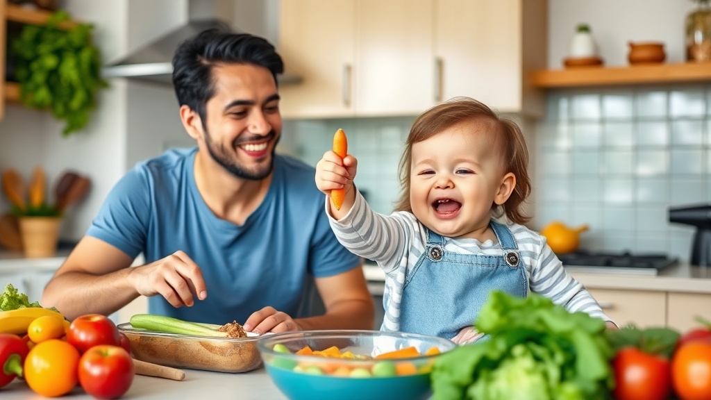 Parent and toddler preparing a meal together in a bright kitchen