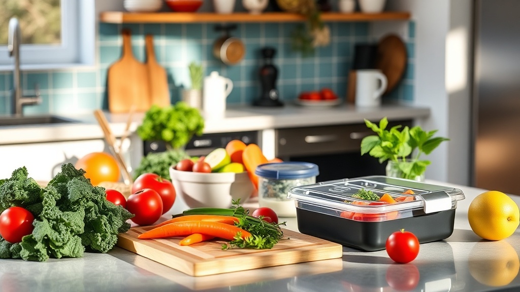 Bright kitchen with fresh ingredients and meal prep tools