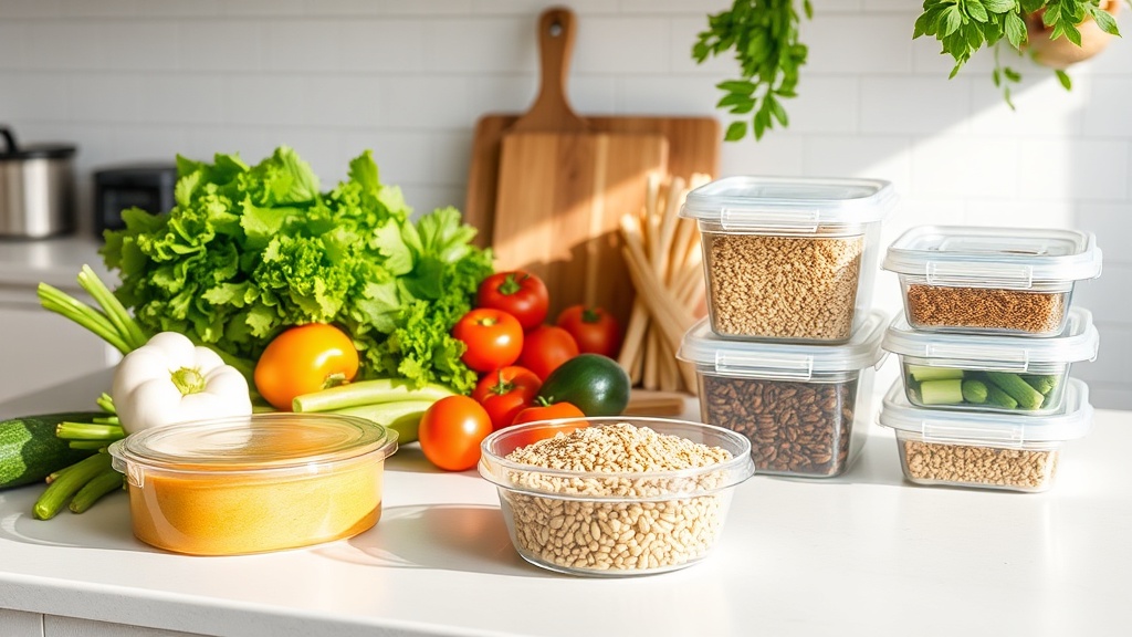 Organized kitchen countertop with fresh ingredients for meal prep