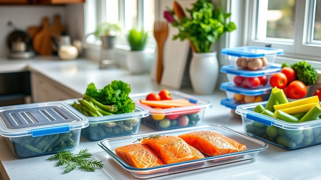 Meal prep scene with salmon and vegetables on a kitchen countertop