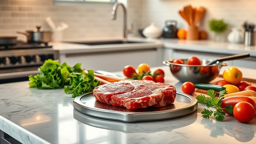 Modern kitchen prep surface with ingredients for a steak dinner