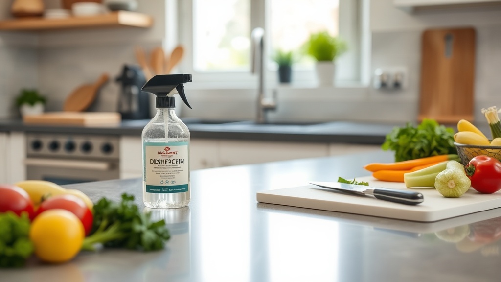A modern kitchen with a cutting board, fresh vegetables, and cleaning supplies