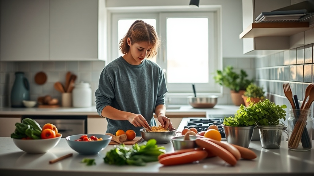 College student cooking in a calm kitchen