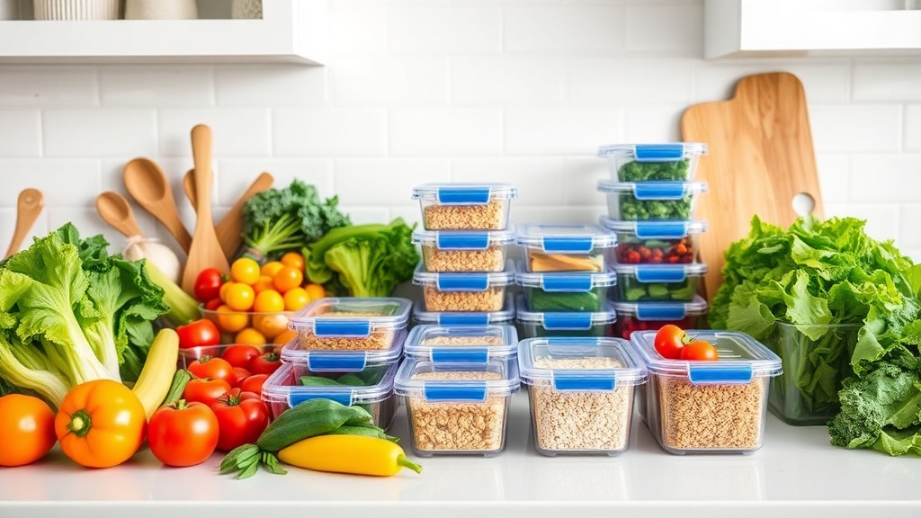 Organized kitchen countertop with fresh ingredients for meal prep