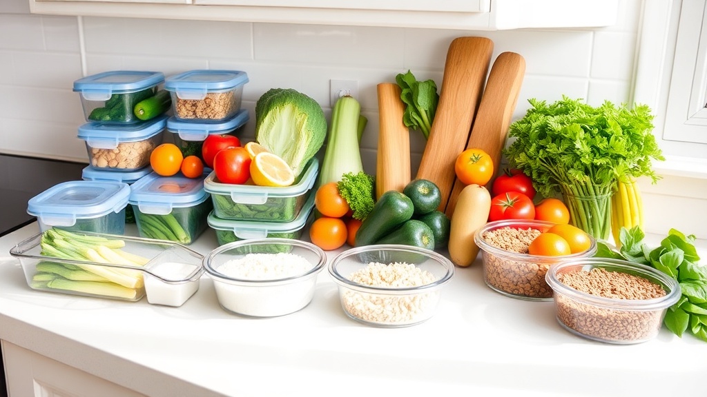 Organized kitchen countertop with fresh ingredients for meal prep