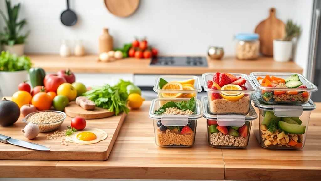 A well-organized kitchen with healthy breakfast meal prep ingredients