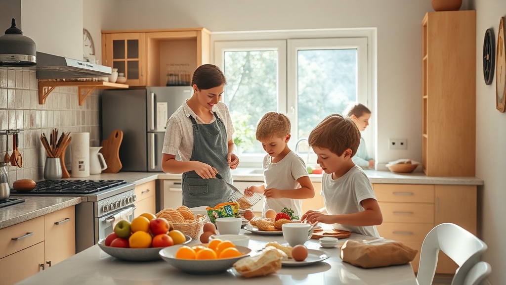 Family preparing breakfast in a busy kitchen