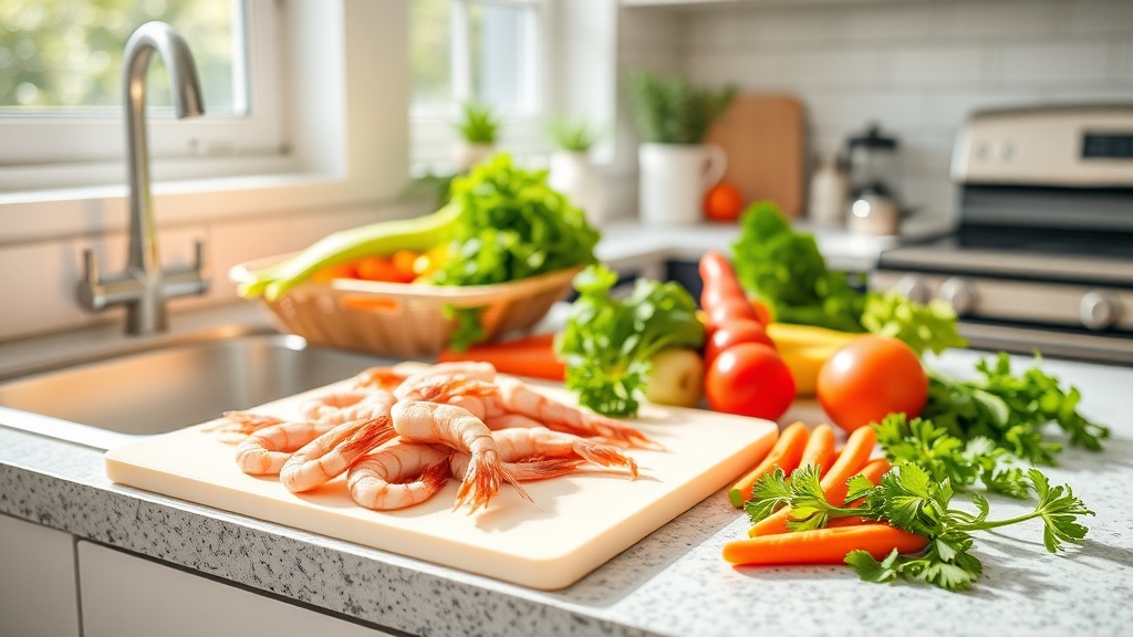 Organized kitchen countertop with shrimp and vegetables for meal prep