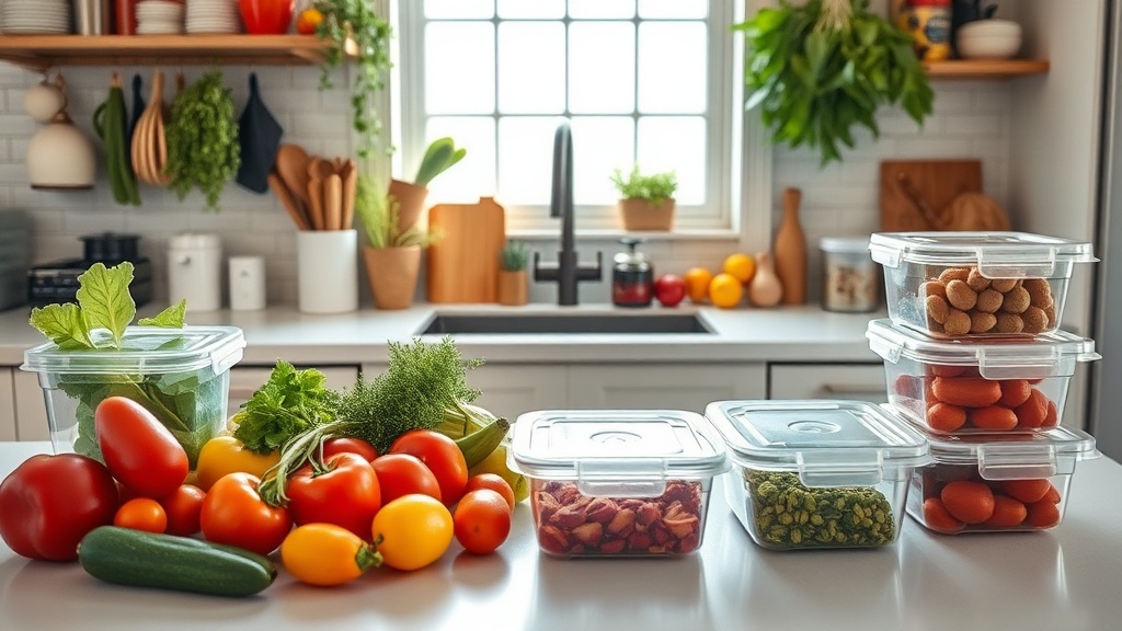 Organized kitchen countertop with fresh ingredients for meal prep