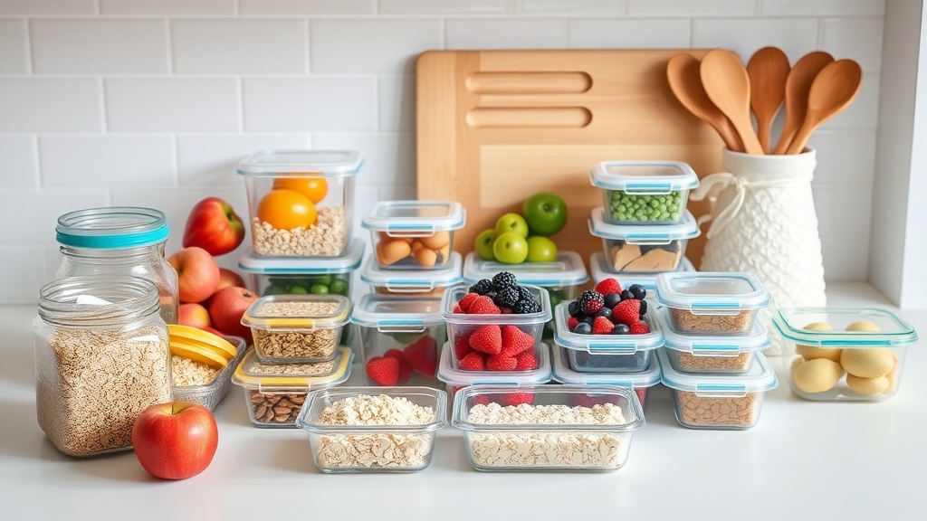 Organized kitchen countertop with healthy breakfast ingredients for meal prep