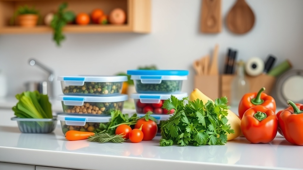 Organized kitchen countertop with fresh ingredients for meal prep
