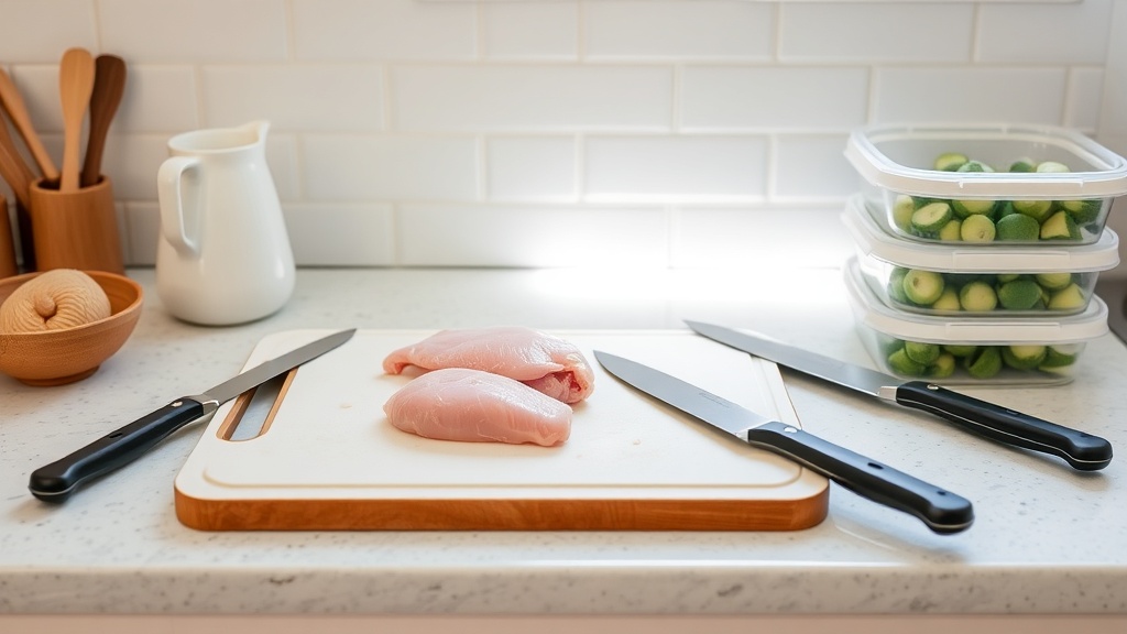Organized kitchen countertop with chicken breasts and meal prep tools