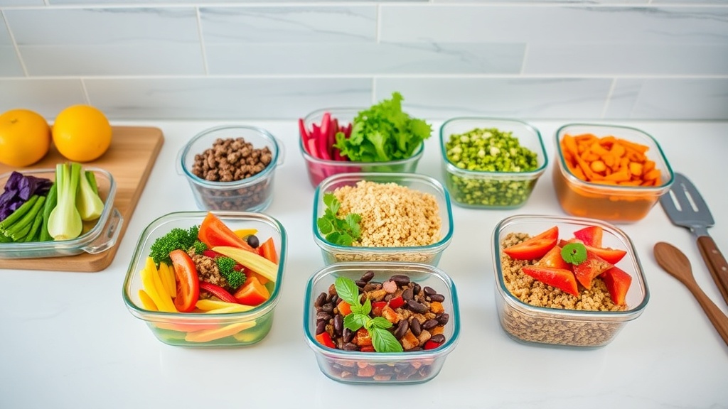 Taco bowl meal prep ingredients on a kitchen countertop