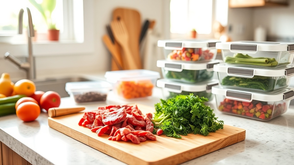 Organized kitchen countertop with beef and vegetables for meal prep