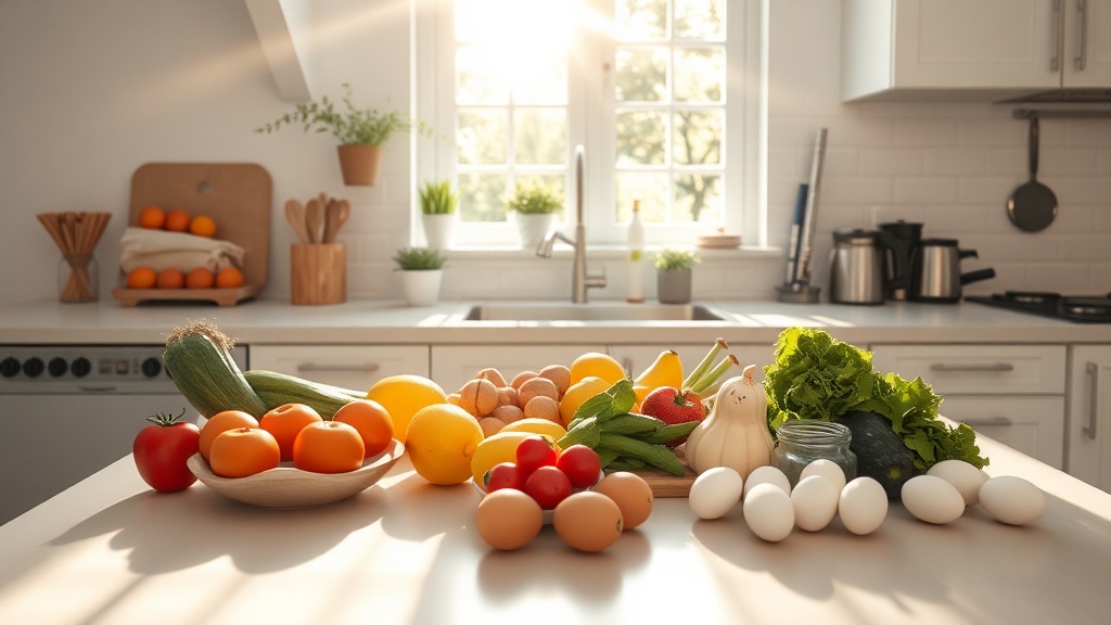 Bright modern kitchen with fresh ingredients for breakfast preparation
