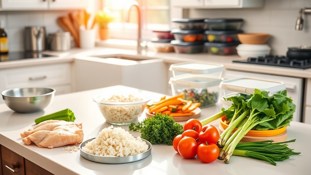 Organized meal prep area with chicken, rice, and vegetables