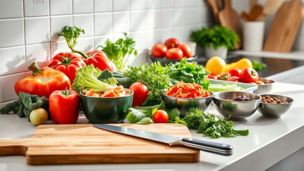 Mediterranean meal prep scene with fresh ingredients on a kitchen countertop