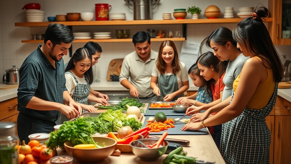 Family enjoying meal prep together in a bright kitchen