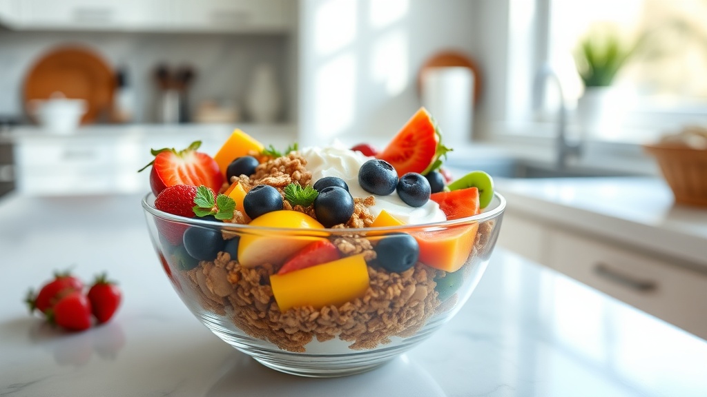 A vibrant breakfast bowl with fruits and granola on a kitchen countertop
