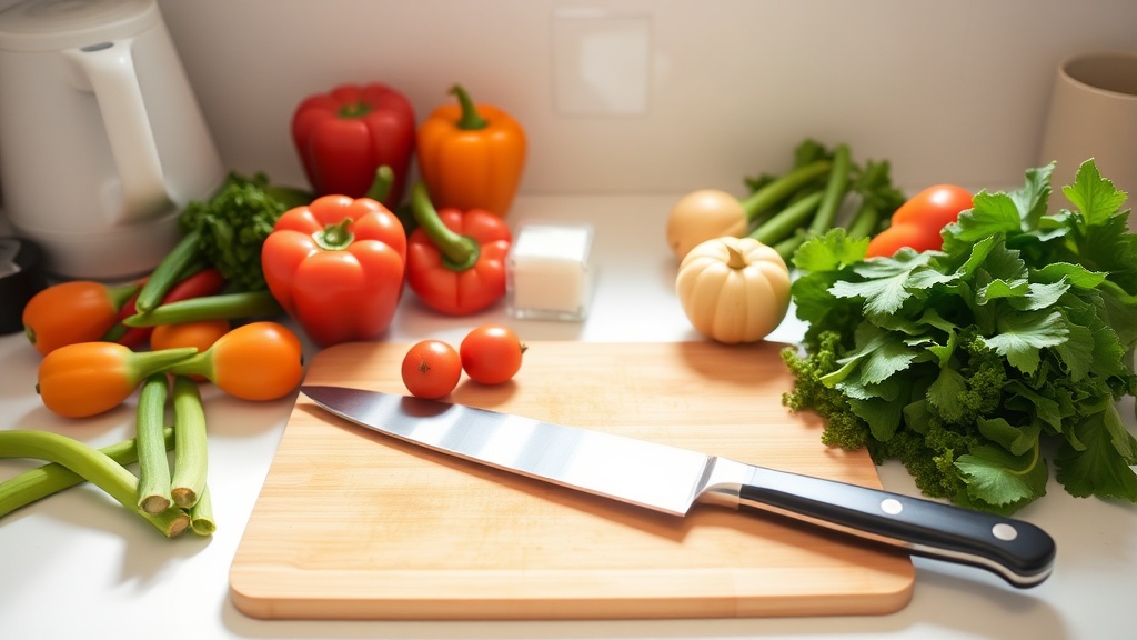 Organized kitchen countertop with fresh vegetables and cutting board