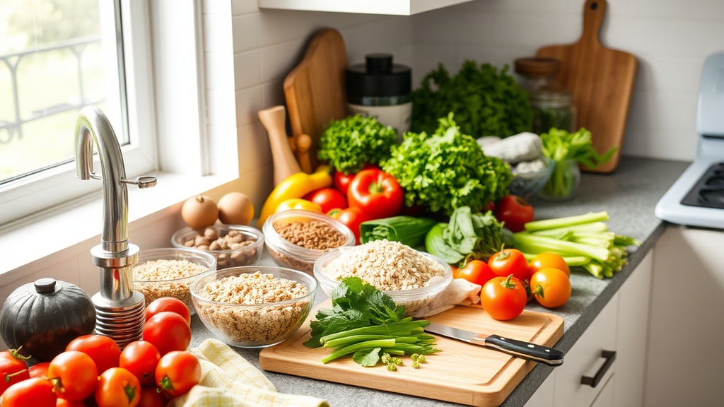 Organized kitchen countertop with fresh ingredients for meal prep