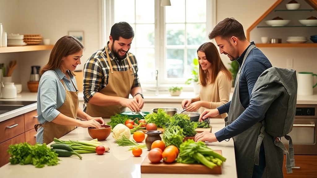 Family cooking together in a bright kitchen