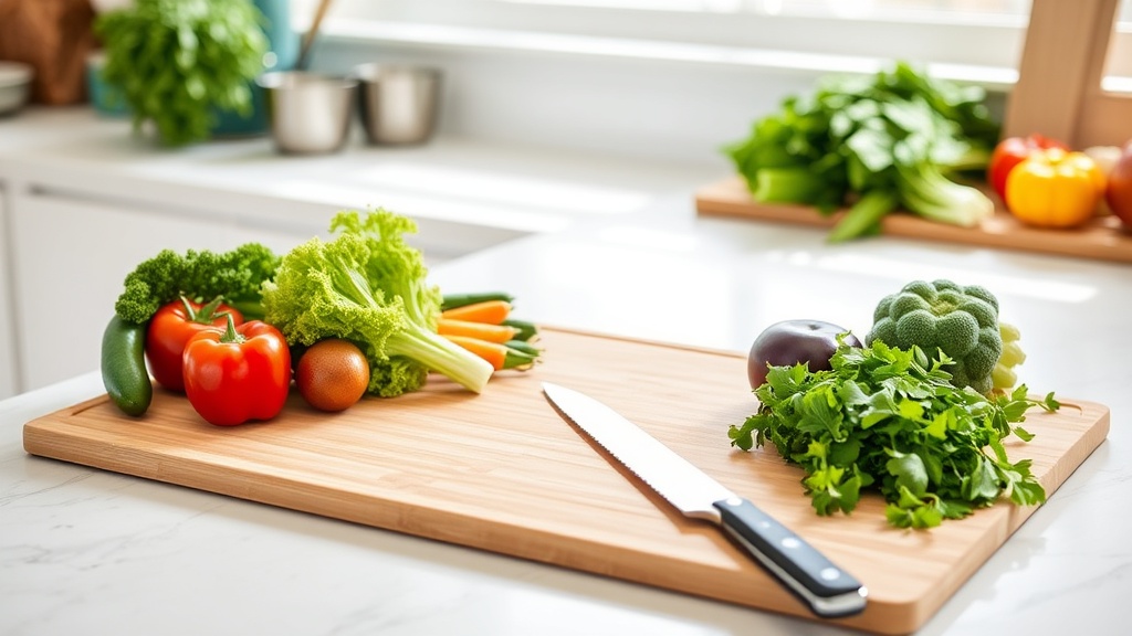 Organized kitchen countertop with fresh vegetables and cutting board