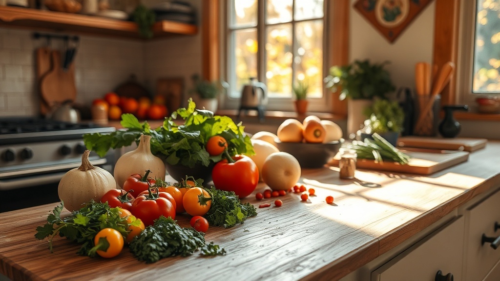 Cozy fall kitchen with fresh ingredients on a wooden prep surface
