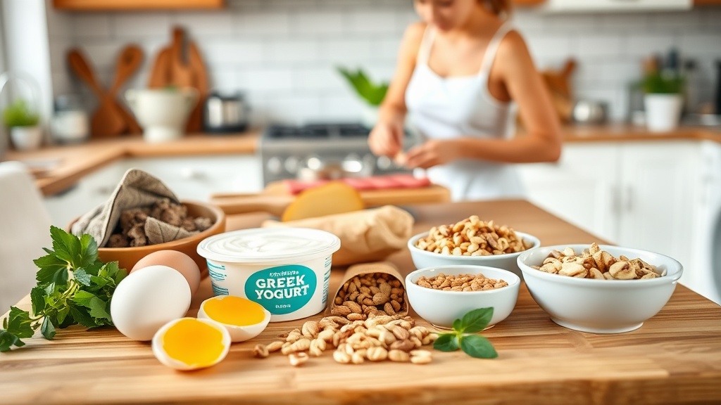 A kitchen with high-protein breakfast ingredients on a wooden prep surface