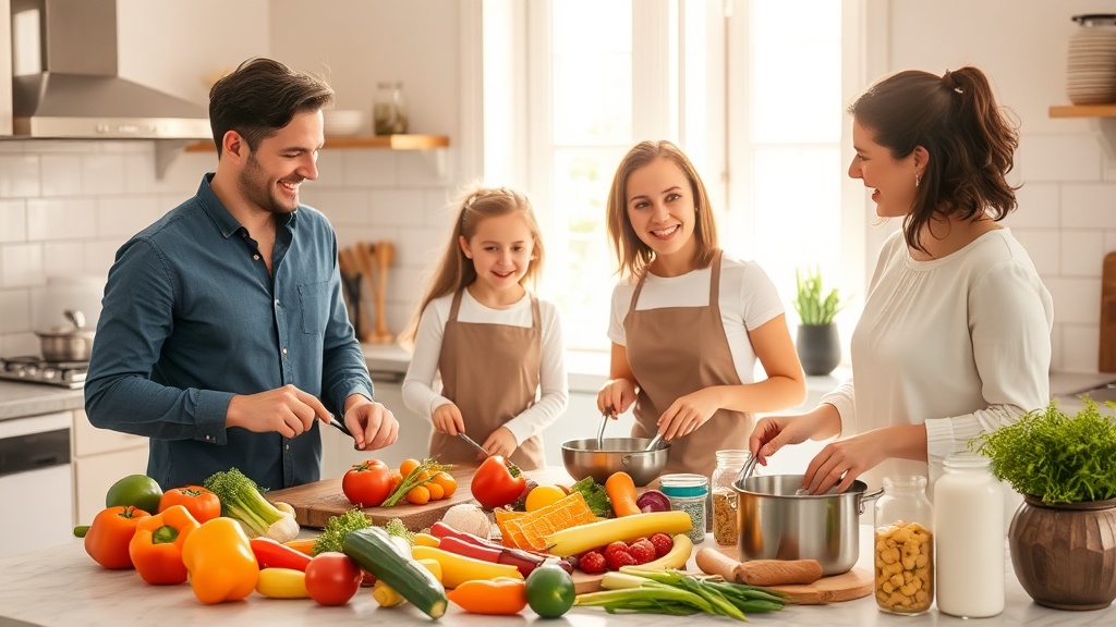 Family cooking together in a bright kitchen