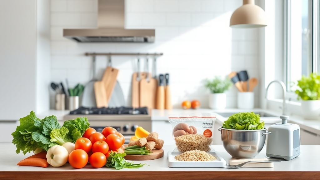 Organized kitchen prep area with fresh ingredients for healthy lunches