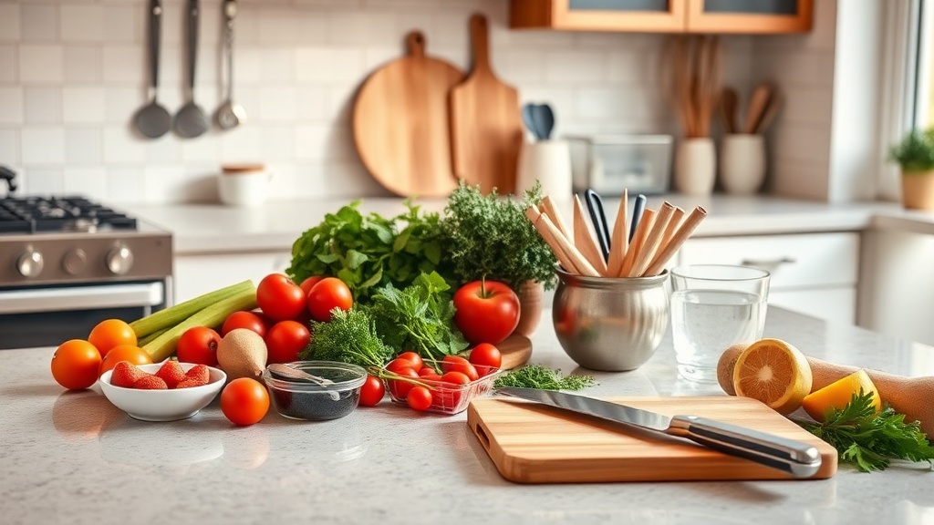 Organized kitchen countertop with fresh ingredients and modern tools