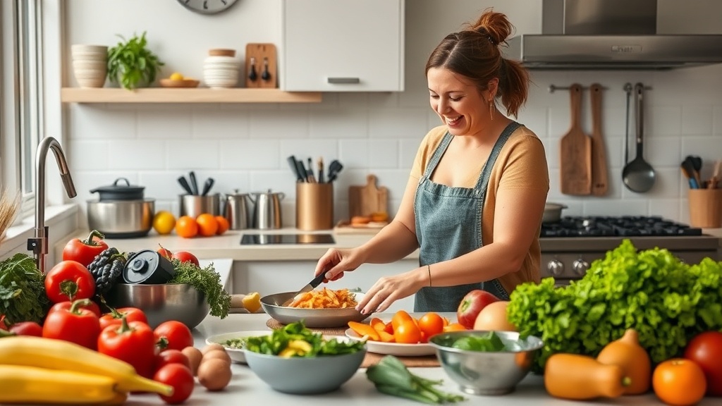 Mom cooking dinner in a bright, organized kitchen