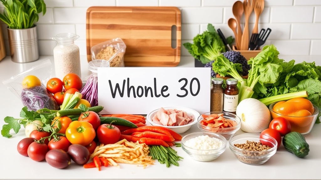 Organized kitchen countertop with Whole 30 ingredients for meal prep