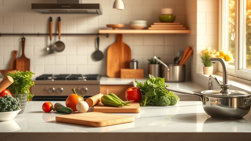 A clean and organized kitchen prep area with fresh vegetables