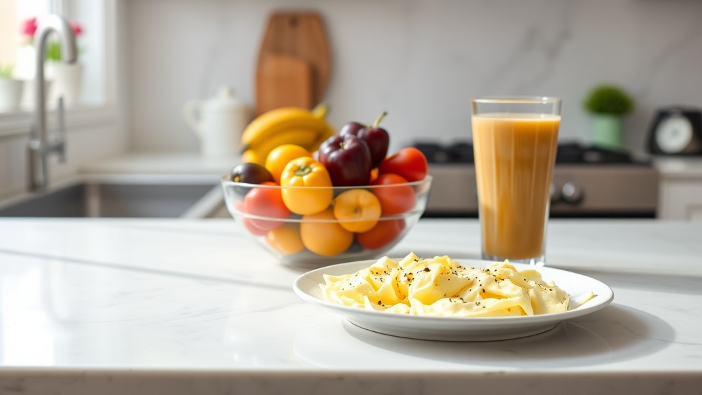 Bright kitchen with a nutritious breakfast setup