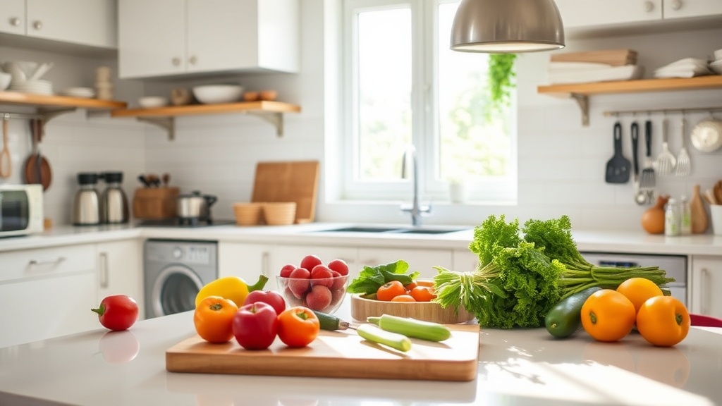 Modern kitchen with organized meal prep ingredients