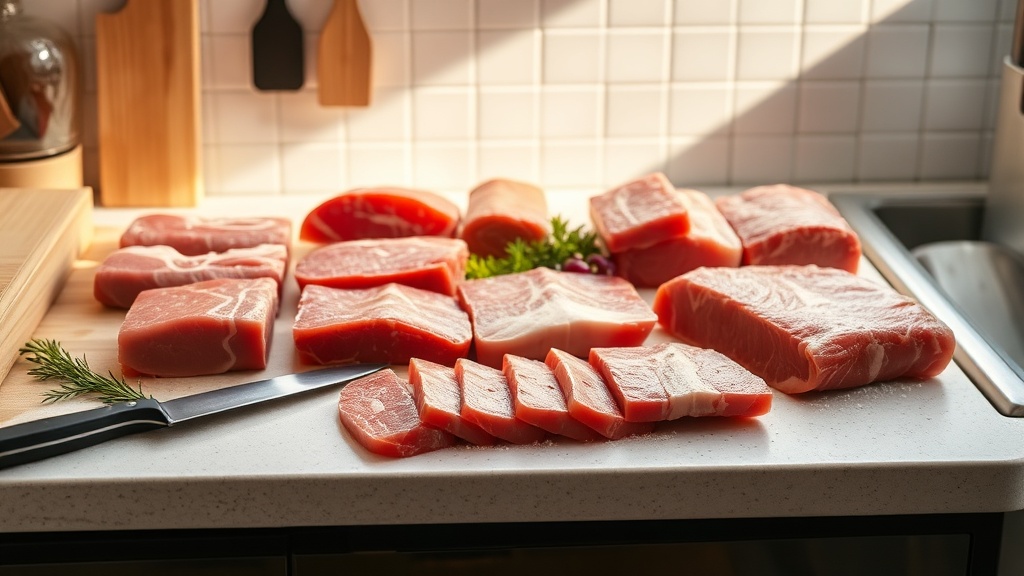 Organized kitchen countertop with fresh meat and quality kitchen tools