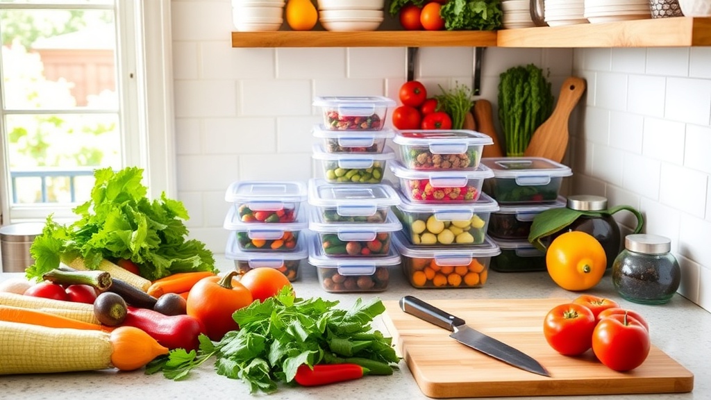 Organized kitchen countertop with fresh ingredients and meal prep containers