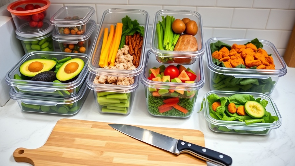 Organized kitchen countertop with keto meal prep ingredients