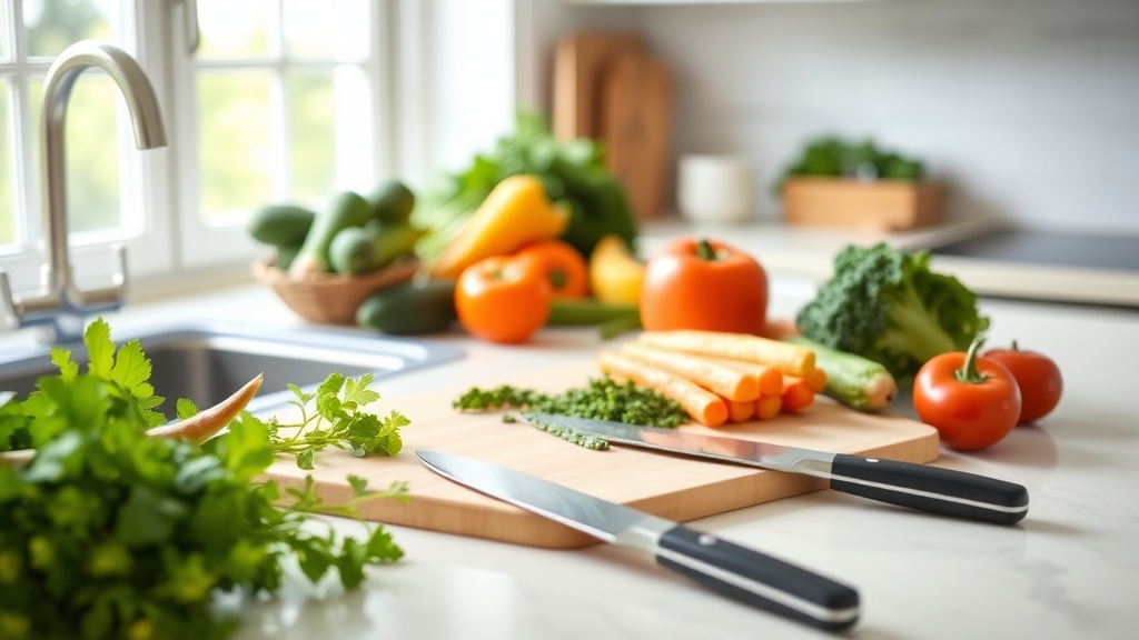 A well-organized kitchen countertop with fresh ingredients ready for meal prep